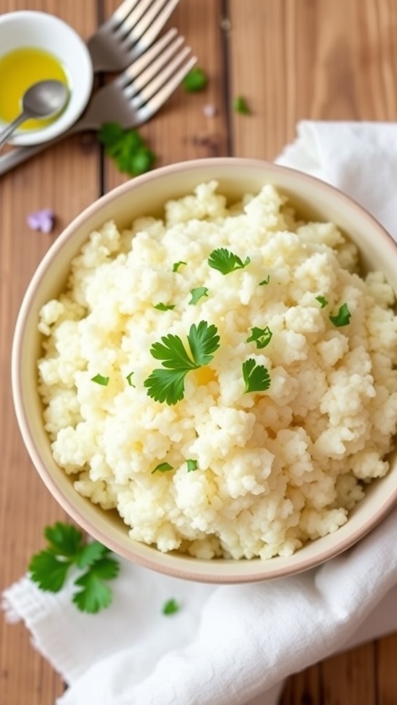 Fluffy cauliflower rice in a bowl, garnished with parsley, on a rustic wooden table.